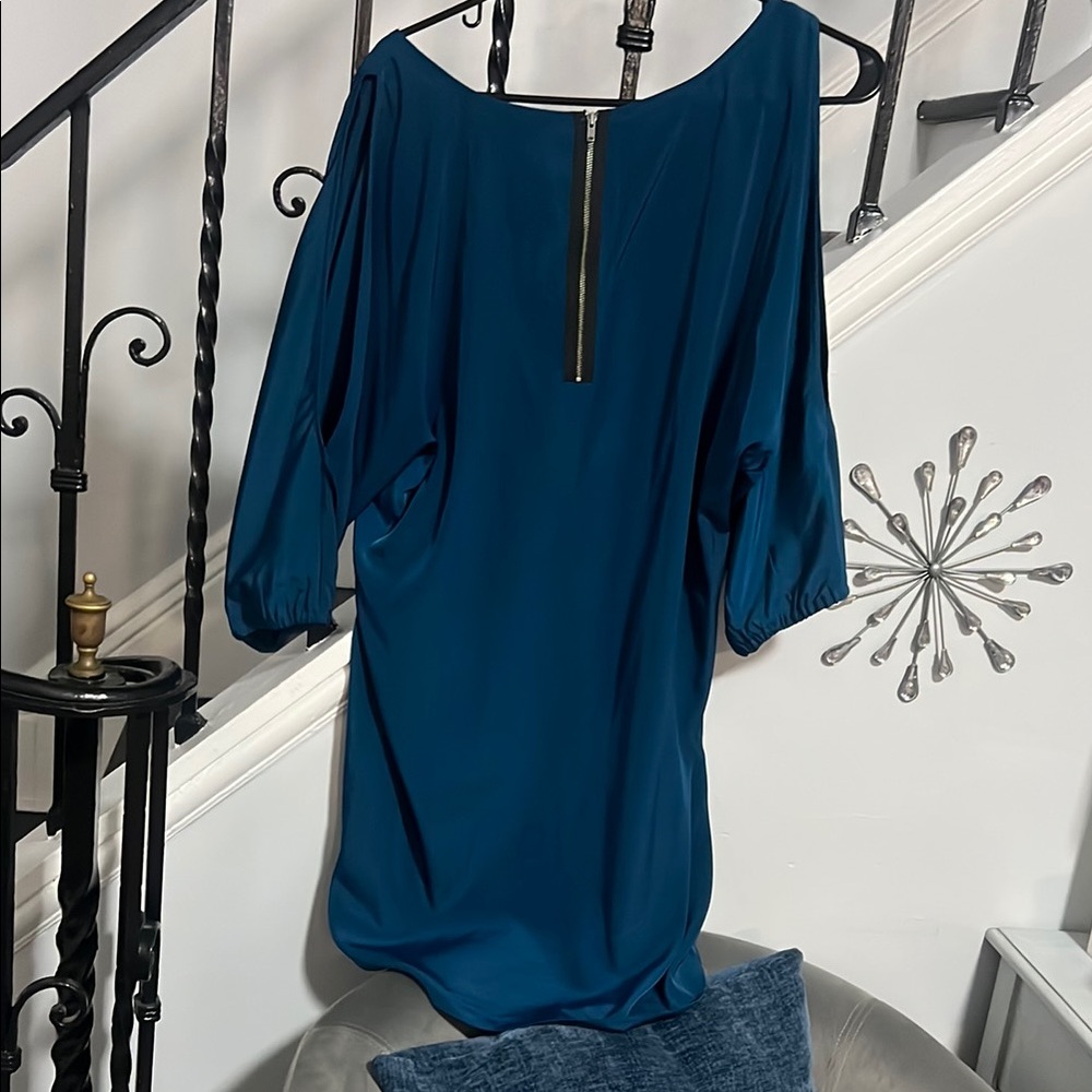 Blue Asymmetrical Mini Dress with 3/4 Sleeves